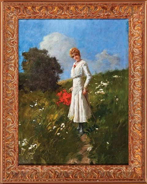 Young Woman Gathering Wildflowers In A Field Oil Painting by Antal (Laszlo) Neogrady