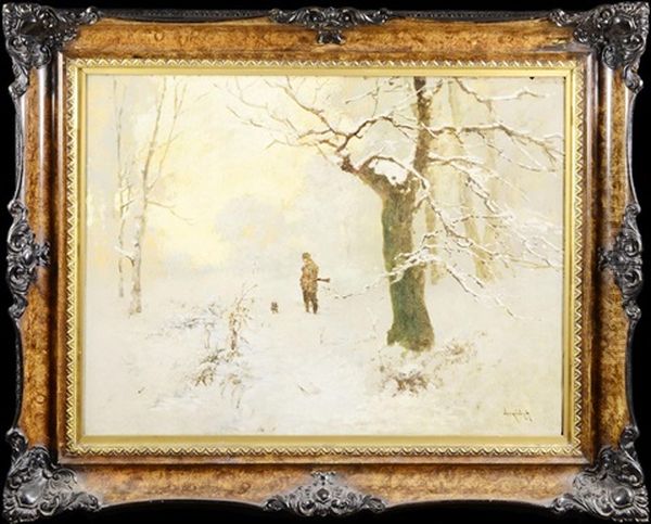 Hunter In Snow-covered Landscape by Antal (Laszlo) Neogrady