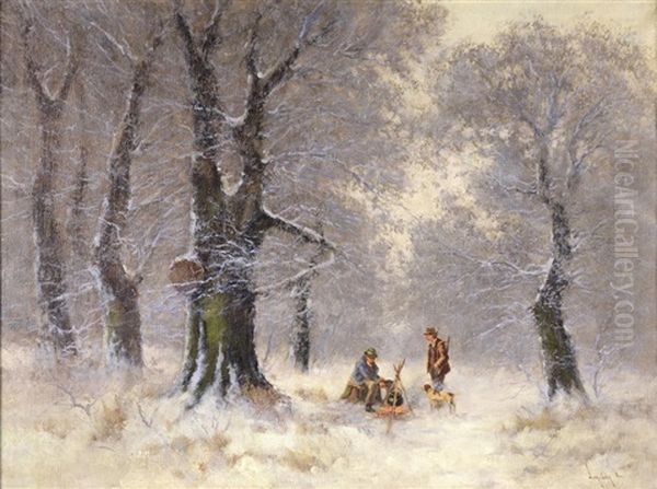 Winter Landscape With Huntsmen Oil Painting by Antal (Laszlo) Neogrady