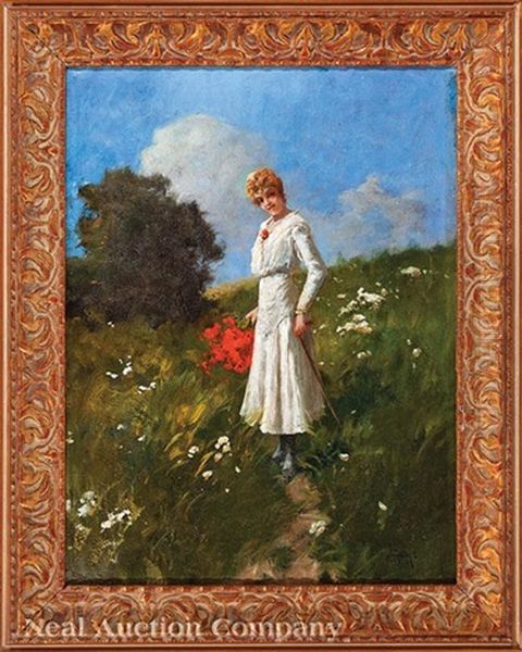 Young Woman Gathering Wildflowers In A Field Oil Painting by Antal (Laszlo) Neogrady