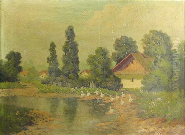 Goose At The Pond Oil Painting by Antal (Laszlo) Neogrady