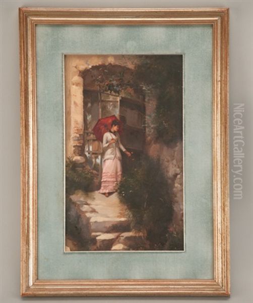 Lady With Red Parasol Oil Painting by Antal (Laszlo) Neogrady