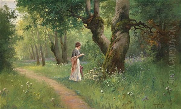 Lesende Junge Dame In Einer Fruhlingslandschaft Oil Painting by Antal (Laszlo) Neogrady