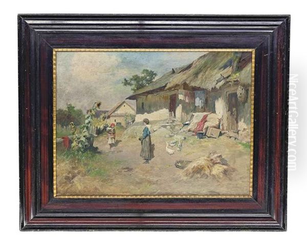 In The Farmyard Oil Painting by Antal (Laszlo) Neogrady