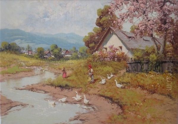 Geese Tenders Oil Painting by Antal (Laszlo) Neogrady