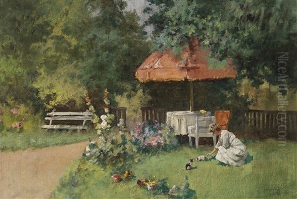 Sommergartenidylle Mit Katzchen Oil Painting by Antal (Laszlo) Neogrady