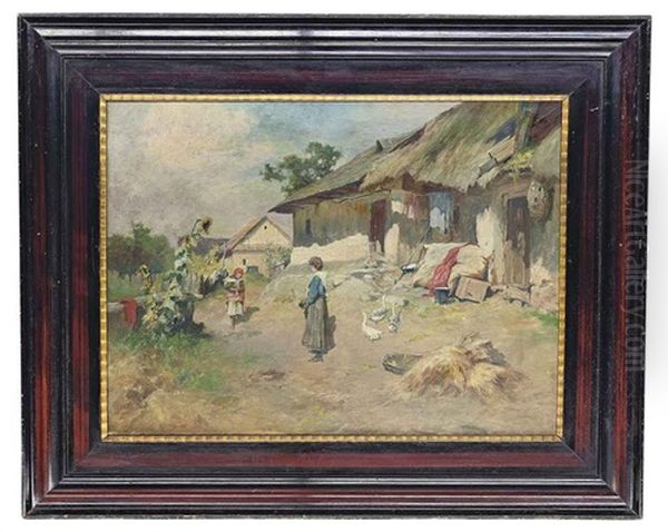 In The Farmyard Oil Painting by Antal (Laszlo) Neogrady