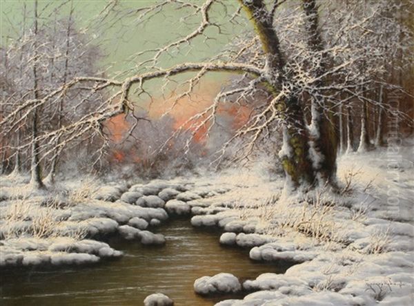 Peaceful Snow-covered Landscape With Stream Oil Painting by Antal (Laszlo) Neogrady