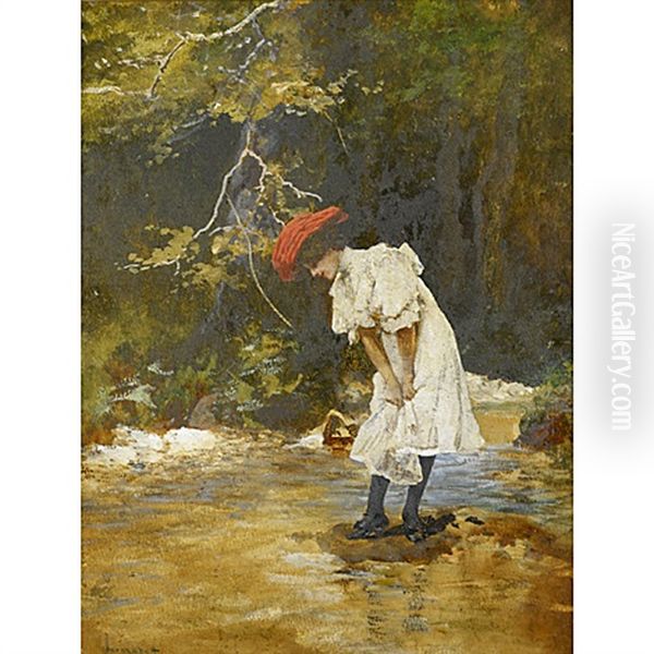 Girl In A Hat By A Brook Oil Painting by Antal (Laszlo) Neogrady