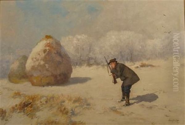 Huntsman In Winter Landscape Oil Painting by Antal (Laszlo) Neogrady