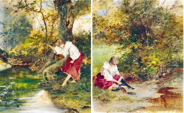 Stepping Into The Stream (+ Dressing Woman, Smaller; 2 Works) Oil Painting by Antal (Laszlo) Neogrady