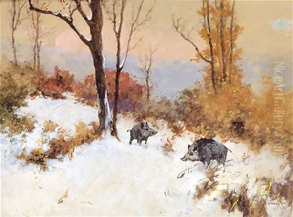 Wildschweine Im Winterwald Oil Painting by Antal (Laszlo) Neogrady