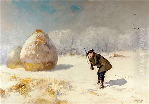 Huntsman In Winter Landscape Oil Painting by Antal (Laszlo) Neogrady