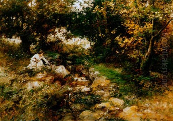 Viragot Szedo Lanyok Patakparton (girls, Picking Flowers By The Brook) Oil Painting by Antal (Laszlo) Neogrady