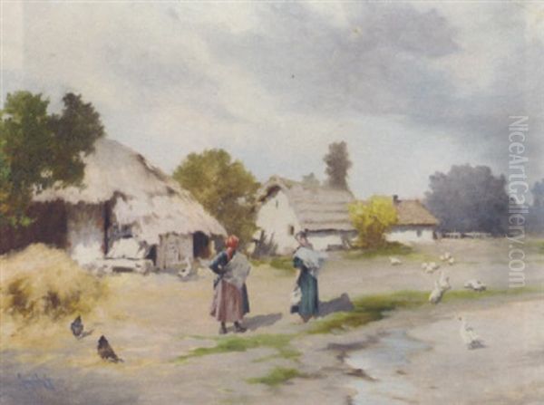 Peasant Ladies In Conversation By A Row Of Cottages Oil Painting by Antal (Laszlo) Neogrady