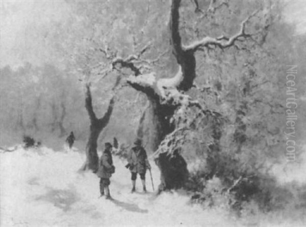 Gruppe Von Vier Jagern Auf Einer Verschneiten Waldlichtung Oil Painting by Antal (Laszlo) Neogrady