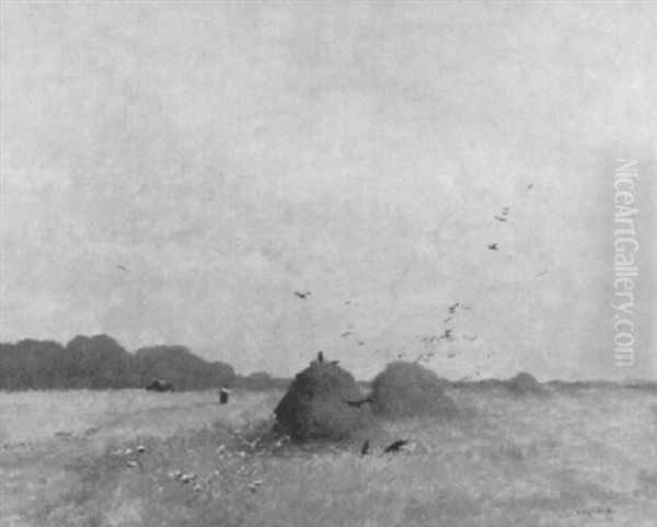 Field With Haystacks Oil Painting by Antal (Laszlo) Neogrady