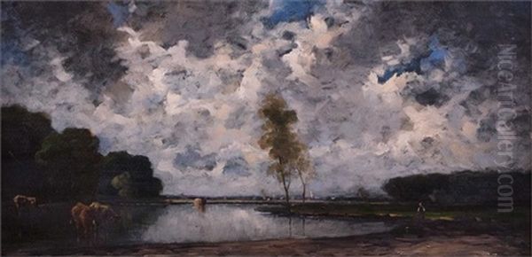 Kuhe Am Wasser Bei Aufziehenden Regenwolken Oil Painting by Heinrich Neppel