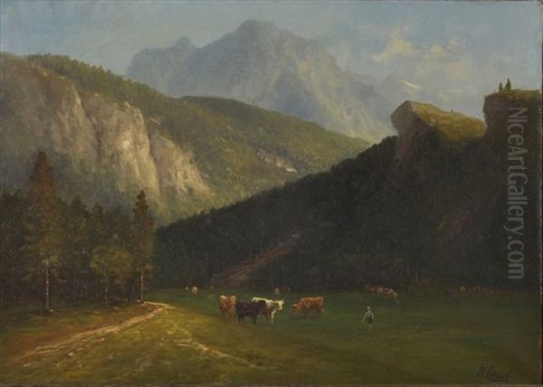 Alpenlandschaft Mit Bergmassiv, Im Vordergrund Grasende Rinder Oil Painting by Heinrich Neppel