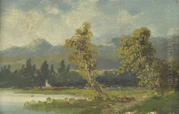 Baumbestandenes Seeufer Mit Den Alpen Im Hintergrund Oil Painting by Heinrich Neppel