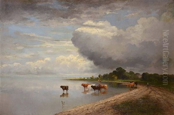 Kuhe An Der Tranke Im Seichten Seeufer Oil Painting by Heinrich Neppel