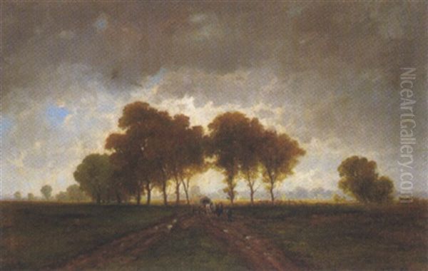 Weite Landschaft Mit Wagen Und Figurlicher Staffage Oil Painting by Heinrich Neppel