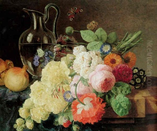 Still Life Of Roses, Morning Glories, Primroses And Other Flowers With Pomegranates And A Glass Pitcher Of Water Oil Painting by Marie-Edwige Nepveu