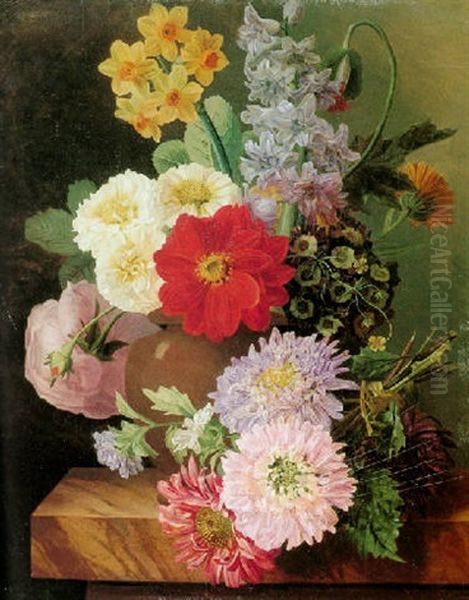 Still Life Of Narcissus, Zinnias And Various Other Flowers In A Vase Resting On A Marble Ledge Oil Painting by Marie-Edwige Nepveu