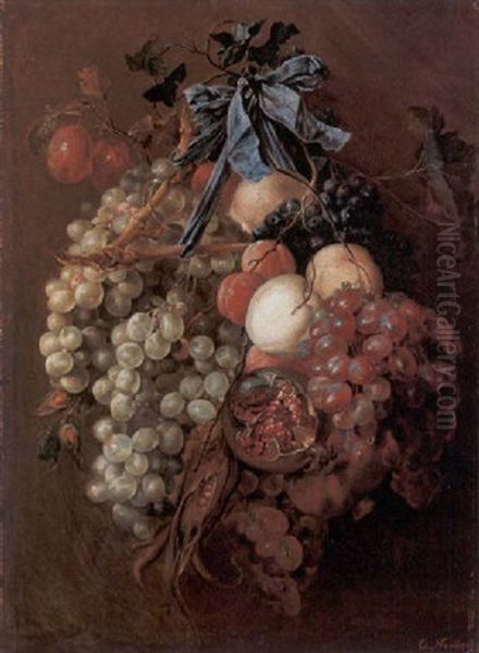 Natura Morta Con Uva, Melograni E Fiocco Azzurro Oil Painting by Anton Nerber