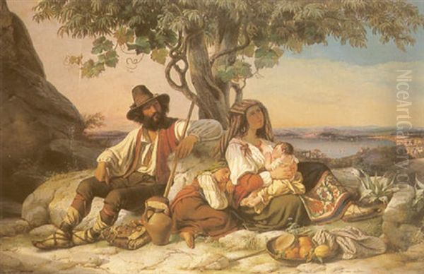 Family Resting Before An Italian Lake Oil Painting by Wilhelm Nerenz