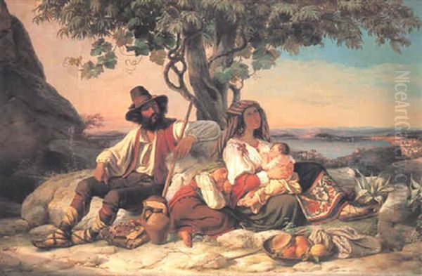 Family Resting Before An Italian Lake Oil Painting by Wilhelm Nerenz