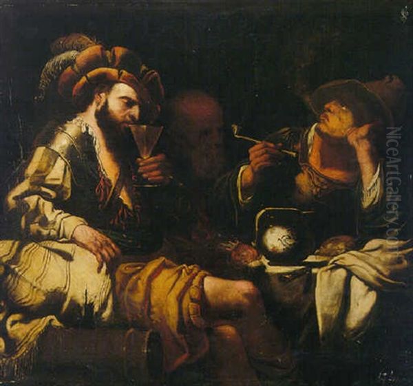 Soldiers Smoking And Drinking, Another Man Looking On Beyond Oil Painting by Pietro Martire Neri