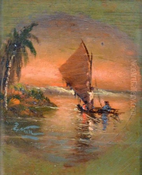 Untitled (samoan Sailboat At Sunset) Oil Painting by Girolamo Pieri Ballati Nerli