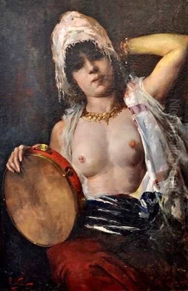 Woman With Tambourine Oil Painting by Girolamo Pieri Ballati Nerli