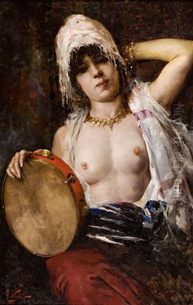 Woman With Tambourine Oil Painting by Girolamo Pieri Ballati Nerli