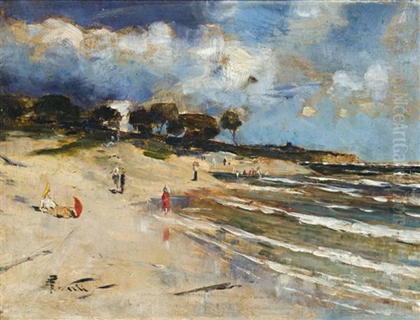 Beach Scene, Black Rock Oil Painting by Girolamo Pieri Ballati Nerli