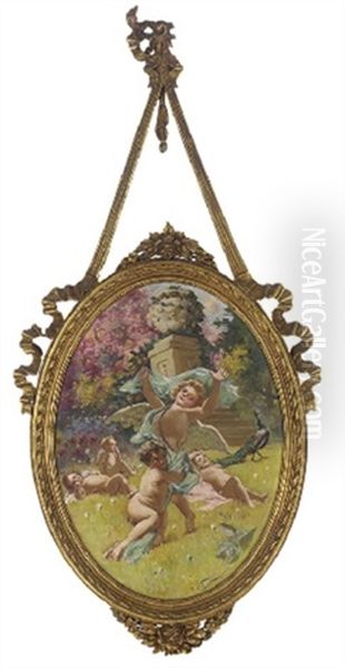 Cherubs In A Summer Garden Oil Painting by Girolamo Pieri Ballati Nerli