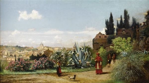 Rome Landscape With Maiden And Cardinal Oil Painting by Friedrich Nerly the Younger