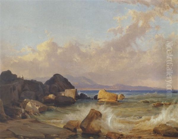 Kystparti Med Bolger, Der Brydes Mod Klipperne, Antagelig Fra Capri Oil Painting by Friedrich Nerly the Younger