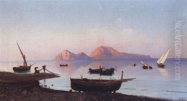 Fishing Boats Off The Naples Coast, Capri Beyond Oil Painting by Friedrich Nerly the Younger