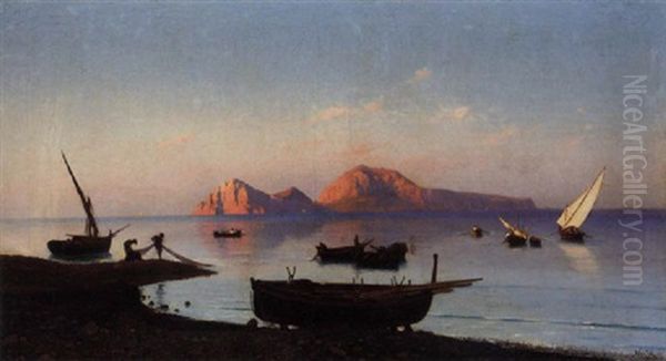 Fishing Boats Off The Naples Coast, Capri Beyond Oil Painting by Friedrich Nerly the Younger