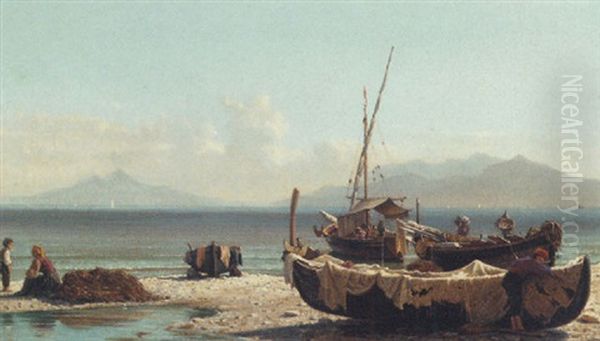 Fishing Boats On The Neapolitan Coast Oil Painting by Friedrich Nerly the Younger