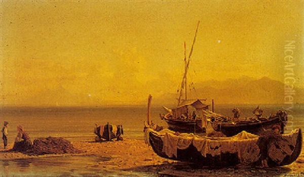 Fishermen With Boats On A Beach In Southern Italy Oil Painting by Friedrich Nerly the Younger