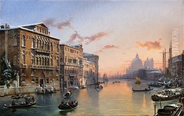 Winter On The Canal Grande With Santa Maria Della Salute Oil Painting by Friedrich Nerly