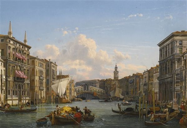 A View Of The Grand Canal Looking Towards The Rialto Bridge, Venice Oil Painting by Friedrich Nerly