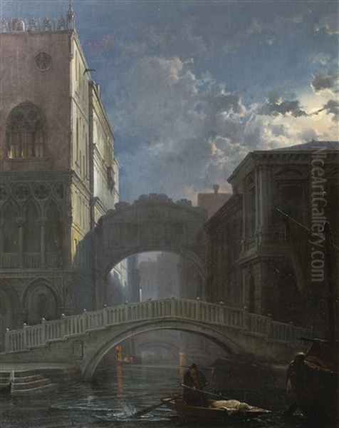 Le Pont Des Soupirs Au Clair De Lune, Venise Oil Painting by Friedrich Nerly