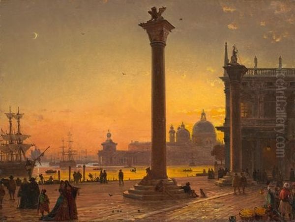 Blick Vom Dogenpalast In Venedig Auf Die Lowensaule Und Die Kirche Santa Maria Della Salute Im Abendlicht Oil Painting by Friedrich Nerly