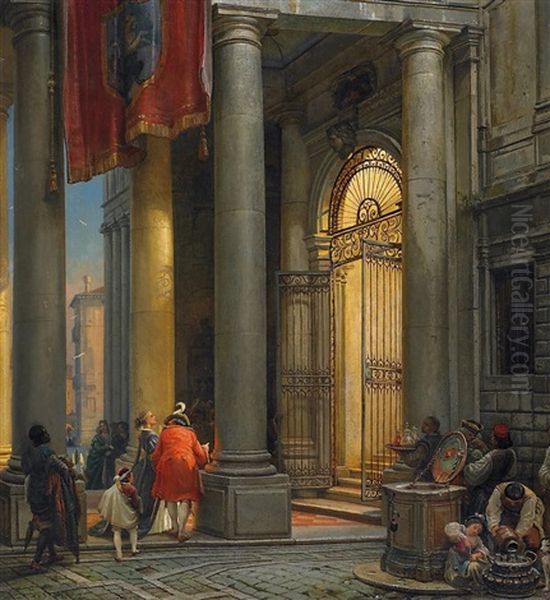 Palazzo Pisani. Einzug Einer Abendlichen Festgesellschaft In Den Palazzo Pisani Zu Venedig, Nerlys Wohnadresse Und Atelier Oil Painting by Friedrich Nerly