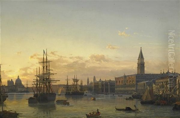 Blick Uber Das Bacino Di San Marco In Venedig Mit Panorama Von S. Maria Della Salute Bis Zu Den Kuppeln Von S. Marco Bei Sonnenuntergang Oil Painting by Friedrich Nerly