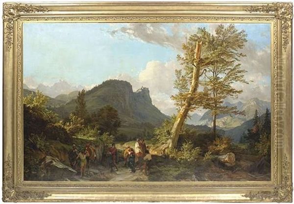 Der Abschied Des Jungen Tizian Von Seinen Eltern Bei Seinem Geburtsort Pieve Di Cadore In Den Dolomiten Oil Painting by Friedrich Nerly